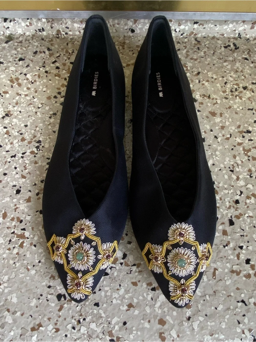 Birdies The Goldfinch Silk Black Jeweled Embellished Ballet Flats 10.5 Ret $190